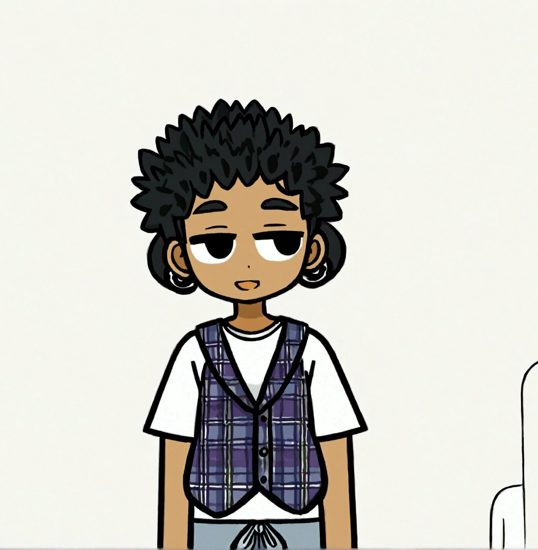 Create a cartoon-style image of a ager with dark, curly hair, wearing a plaid tank top over a white t-shirt, 