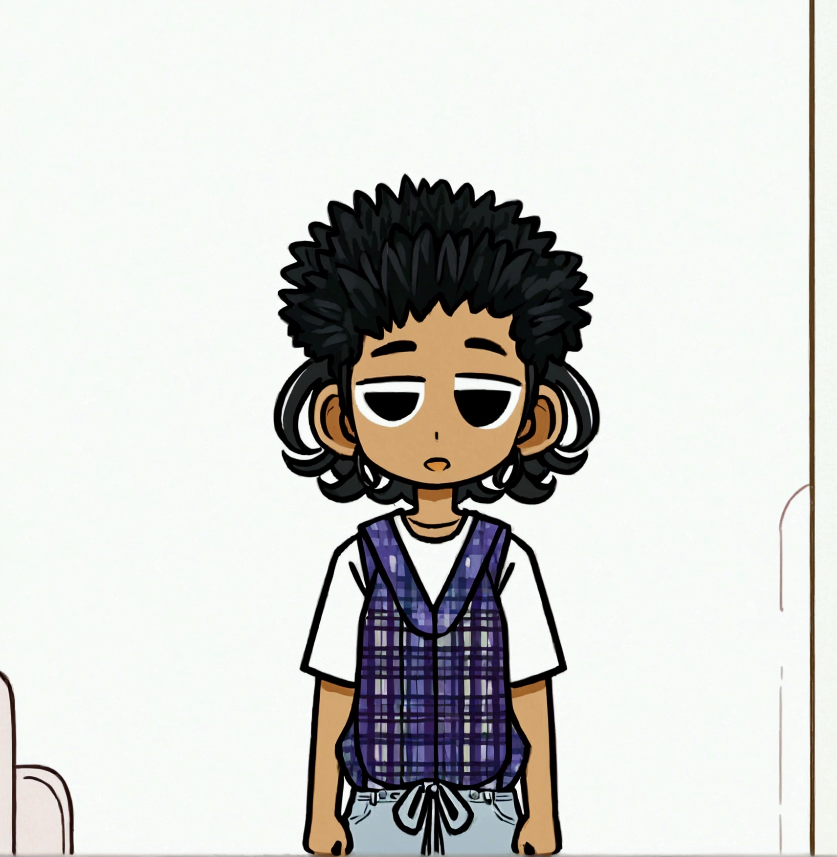 Create a cartoon-style image of a ager with dark, curly hair, wearing a plaid tank top over a white t-shirt,