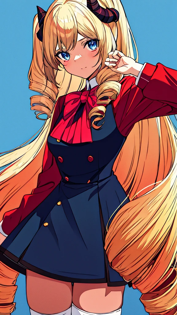 eft_oshi_step, Naon_Yuno, 1girl, solo, long hair, horns, breasts, looking at viewer, colored skin, dark skin, green eyes, facial mark, large breasts, pink hair, dress,, thighhighs,, ClaireFran, CLaireFran,white thighhighs,long sleeves, jewelry,bangs, ascot,ribbon,brooch,red jacket,drill hair, hair bow, blue eyes, bow, ,blonde hair, long hair,drill hair,