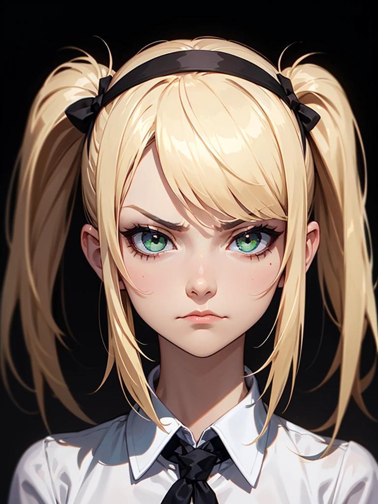 ((Portrait, Childish)), She has a Pretty Appearance, with Platinum Blonde Hair, Fair Skin and a Small Build. She has Emerald Eyes, Expresses a Serious and Defiant Look, Frowning, Giving Off a Temperamental Aura. Her Hair is Long and Tousled, tied in Two Small Pigtails, with a Hairband. She Wears a Casual Buttoned White Shirt. ((Portrait, HDR, Dark Background))