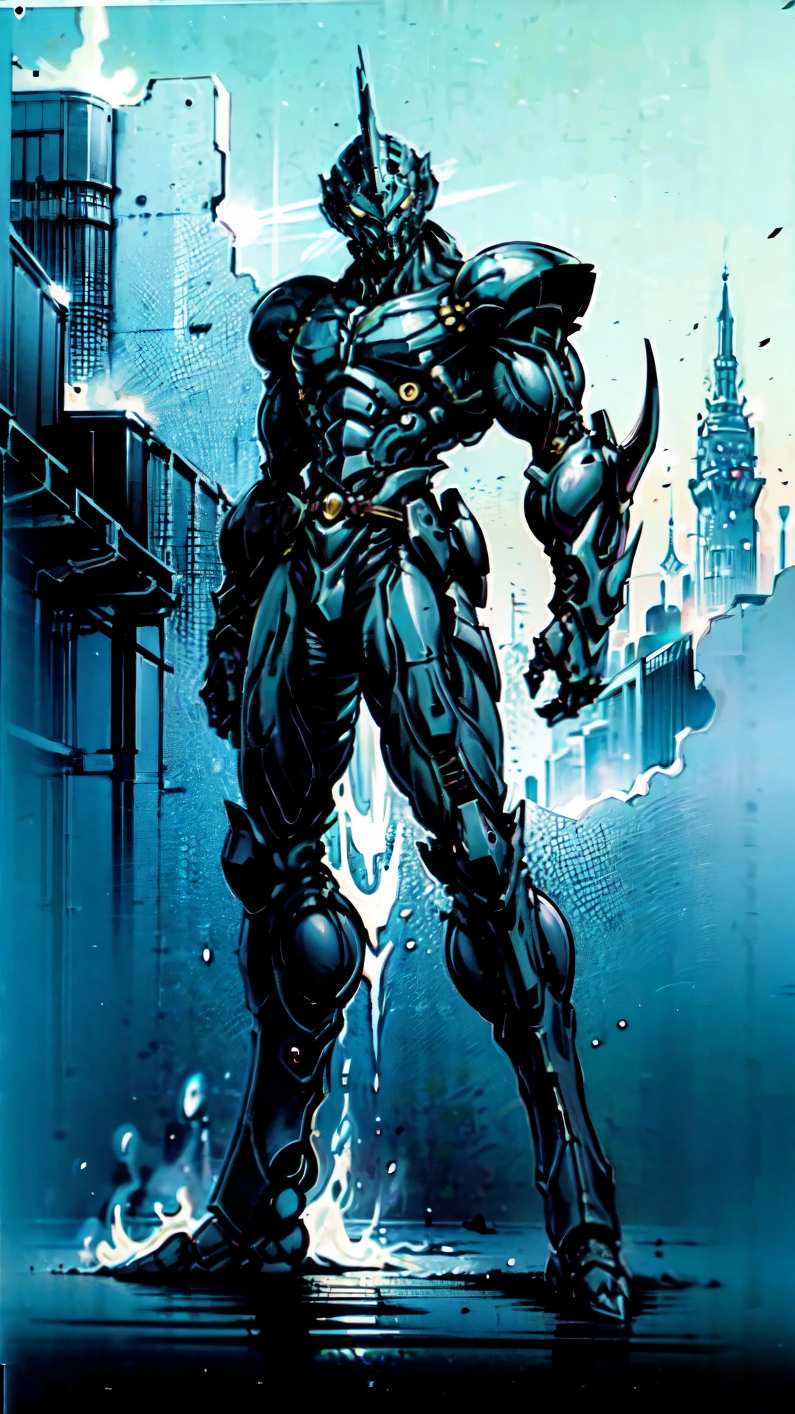 (masterpiece:1.5, best quality:1.5, extremely delicate:1.5, foreshortening:1.5, dynamic angle:1.5), a man wearing a full-face helmet, a fantasy-style biotech armored combat suit, green eyes, (a composite layered chest armor), fully enclosed shoulder guards, matching arm and leg guards, the belt is adorned with neon circuitry, (the color scheme is primarily white with black green accents), the design balances heavy with agility, a high-tech bio-mecha armor, (Armor Concept Inspired by neon Cyberpunk, stand on the top of a skyscraper in a futuristic sci-fi city), this character embodies a finely crafted fantasy-surreal style armored hero in anime style, exquisite and mature manga art style, (element, plasma, energy, the armor glows), ((male:1.5)), metallic, high definition, highres, ultra-detailed, ultra-fine painting, professional, perfect body proportions, golden ratio, anatomically correct, symmetrical face, extremely detailed eyes and face, high quality eyes, creativity, RAW photo, UHD, 32k, Natural light, cinematic lighting, masterpiece-anatomy-perfect