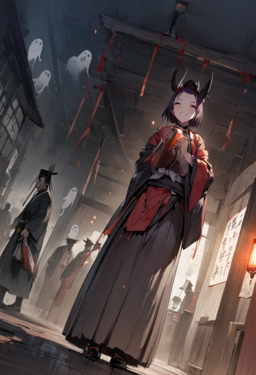 In a haunted house、Shuten Doji、ghost、Loincloth、Girl、Girl、Short、Younger、Lower school year、Dynamic Angle、masterpiece、best quality、ultra-detail、night、smile、Iron club、knife、Heian-kyo、The capital of Kyoto、Eat flesh and blood、 Violence、Alcohol is my favorite