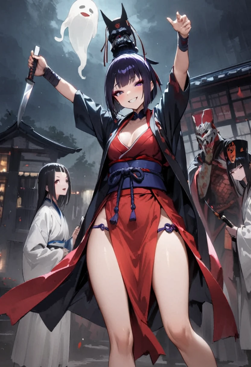 In a haunted house、Shuten Doji、ghost、Loincloth、Girl、Girl、Short、Younger、Lower school year、Dynamic Angle、masterpiece、best quality、ultra-detail、night、smile、Iron club、knife、Heian-kyo、The capital of Kyoto、Eat flesh and blood、 Violence、Alcohol is my favorite