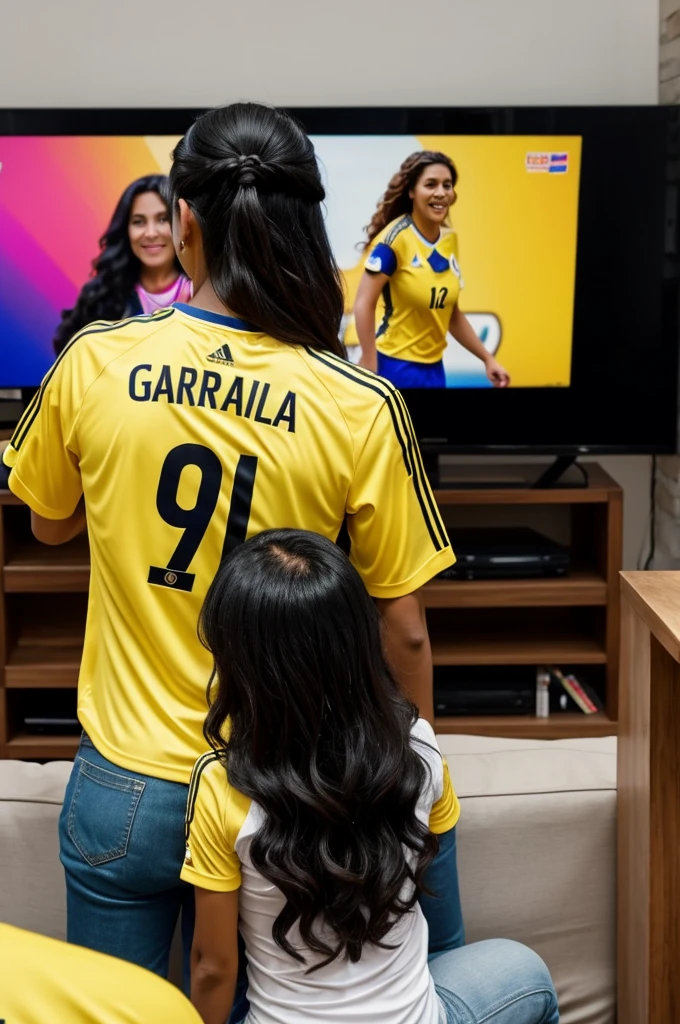 Woman from behind watching a large TV screen with the yellow Colombia national team number 10 shirt name Yina García straight black hair color with waves with friends and husband 