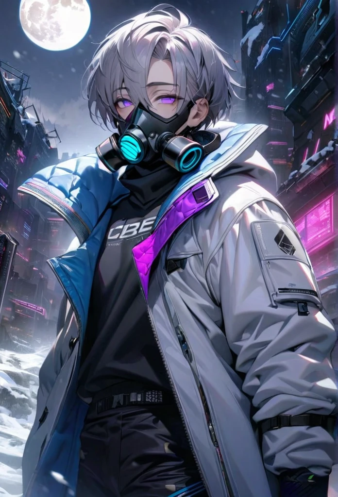 absurdres, highres, ultra detailed, HDR, master piece, best quality, extremely detailed face and eyes, gray hair with short bangs, handsome,hair between the eyes, expressive purple eyes, solo, sexy man, handsome, 25
years old,white coat, black pants, moon, Cyber Punk,gas mask,background snow mountain