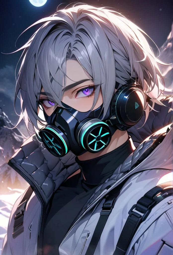 absurdres, highres, ultra detailed, HDR, master piece, best quality, extremely detailed face and eyes, gray hair with short bangs, handsome,hair between the eyes, expressive purple eyes, solo, sexy man, handsome, 25
years old,white coat, black pants, moon, Cyber Punk,gas mask,background snow mountain