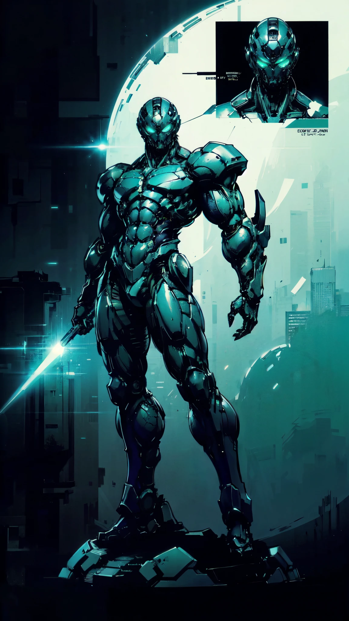 (masterpiece:1.5, best quality:1.5, extremely delicate:1.5, foreshortening:1.5, dynamic angle:1.5), a man wearing a full-face helmet, a fantasy-style biotech armored combat suit, green eyes, (a composite layered chest armor), fully enclosed shoulder guards, matching arm and leg guards, the belt is adorned with neon circuitry, (the color scheme is primarily white with black green accents), the design balances heavy with agility, a high-tech bio-mecha armor, (Armor Concept Inspired by neon Cyberpunk, stand on the top of a skyscraper in a futuristic sci-fi city), this character embodies a finely crafted fantasy-surreal style armored hero in anime style, exquisite and mature manga art style, (element, plasma, energy, the armor glows), ((male:1.5)), metallic, high definition, highres, ultra-detailed, ultra-fine painting, professional, perfect body proportions, golden ratio, anatomically correct, symmetrical face, extremely detailed eyes and face, high quality eyes, creativity, RAW photo, UHD, 32k, Natural light, cinematic lighting, masterpiece-anatomy-perfect