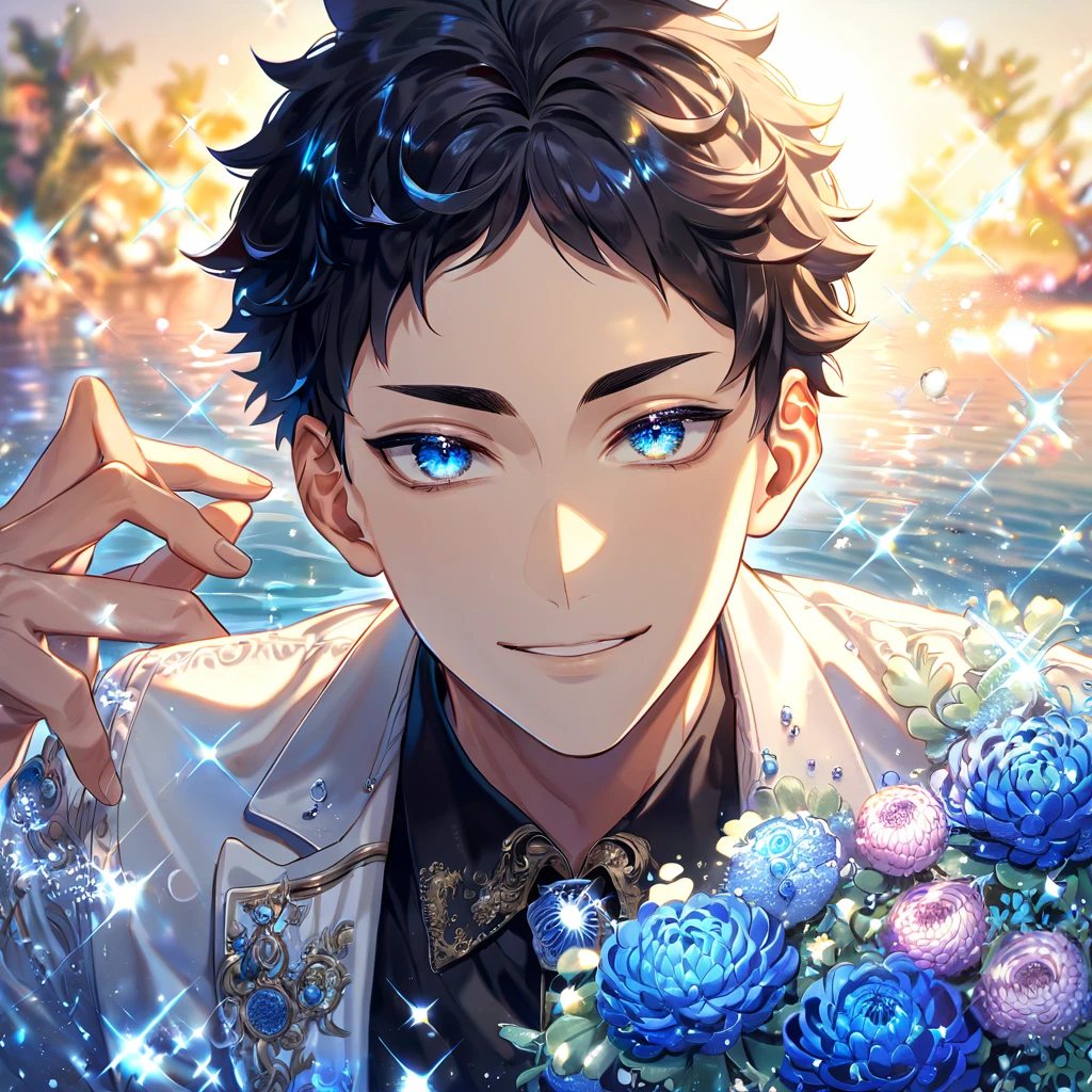 absurdres, highres, ultra detailed, HDR, master piece, best quality, extremely detailed, Akaashi Keiji, black hair, expressive blue eyes, Haikyuu, solo, sexy man, handsome, smile, white jacket, black shirt, fantasy, water, sparkling, blue glittering fireflies, blue moon, blue blossoms, blue chrysanthemums, blue sparkling lights, starry sky