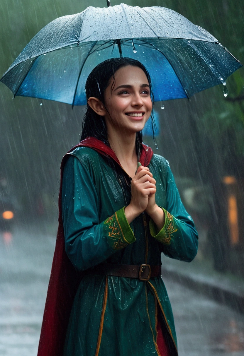 rain is the simplest thing enjoy the smile at the rain , the elf dancing in the rain the rain in blur in the enchanted forest but she is the main character enjoying the rain , unique piece masterpiece 16k work of art amazing colors