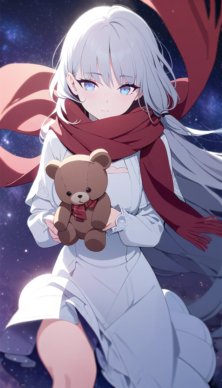 (((masterpiece))), (((best quality))),(((high detail))),light manipulation, girl with long silver hair, gradient purple to sky blue eyes, wearing a white dress, a red scarf, galaxy background, holding a teddy bear, feet, no footwear