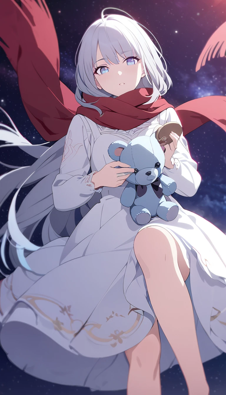 (((masterpiece))), (((best quality))),(((high detail))),light manipulation, girl with long silver hair, gradient purple to sky blue eyes, wearing a white dress, a red scarf, galaxy background, holding a teddy bear, feet, no footwear