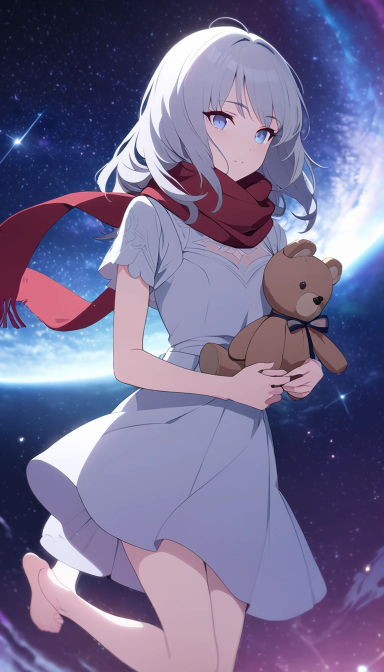 (((masterpiece))), (((best quality))),(((high detail))),light manipulation, girl with long silver hair, gradient purple to sky blue eyes, wearing a white dress, a red scarf, galaxy background, holding a teddy bear, feet, no footwear