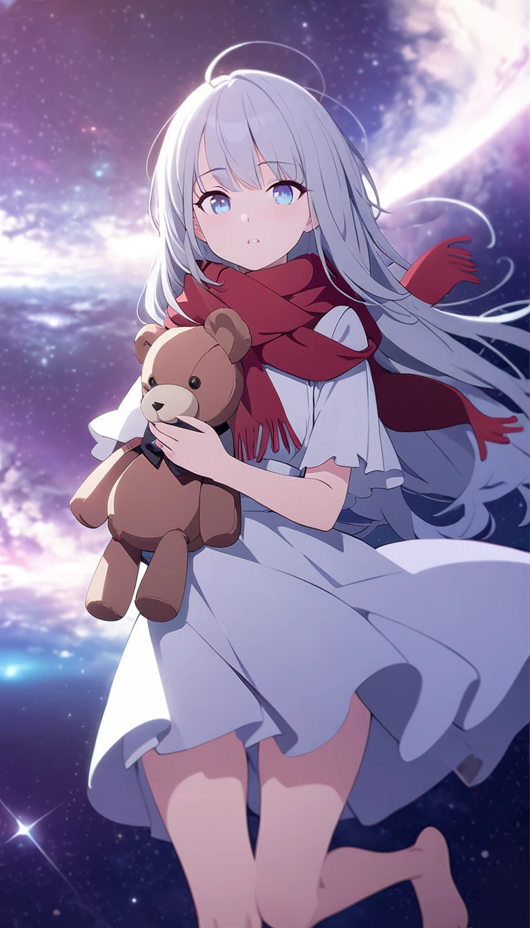 (((masterpiece))), (((best quality))),(((high detail))),light manipulation, girl with long silver hair, gradient purple to sky blue eyes, wearing a white dress, a red scarf, galaxy background, holding a teddy bear, feet, no footwear