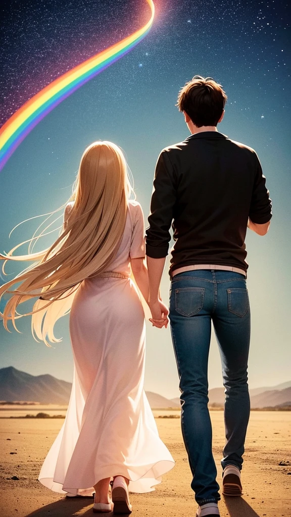 Create an illustration in the style of a cartoon. The scene symbolizes new hope and moving forward into the future. In the foreground are a young man and woman advancing hand in hand. They have determined expressions on their faces and are walking toward the future.

The young man has short black hair and wears a casual white shirt and blue jeans. The young woman next to him has long hair blowing in the wind and is wearing a pale pink dress. She is smiling and looking at him with hopeful eyes.

In the background is a beautiful sky at the moment of dawn. The sun is beginning to rise and the sky is tinged with shades of orange and pink. In the distance, we see a shining future with a rainbow as a symbol of hope.

On the horizon is a door to the future, and beyond the door is a shining new world. They are taking one step at a time toward that door, and their footprints continue on the path.

The stars are still shining in the sky, depicting the dream they vowed to each other under the stars. Around them, flowers are blooming and swaying in the wind. The overall mood should convey hope, determination, and progress toward the future. The illustration symbolizes the story of two people overcoming any challenges and moving forward into the future.