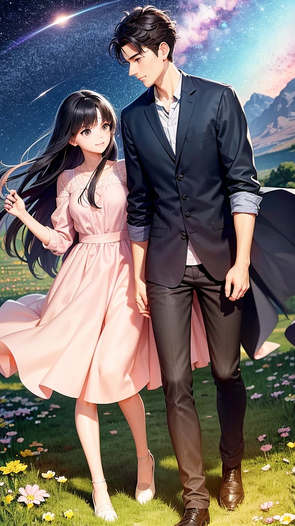 Create an illustration in the style of a cartoon. The scene symbolizes new hope and moving forward into the future. In the foreground are a young man and woman advancing hand in hand. They have determined expressions on their faces and are walking toward the future.

The young man has short black hair and wears a casual white shirt and blue jeans. The young woman next to him has long hair blowing in the wind and is wearing a pale pink dress. She is smiling and looking at him with hopeful eyes.

In the background is a beautiful sky at the moment of dawn. The sun is beginning to rise and the sky is tinged with shades of orange and pink. In the distance, we see a shining future with a rainbow as a symbol of hope.

On the horizon is a door to the future, and beyond the door is a shining new world. They are taking one step at a time toward that door, and their footprints continue on the path.

The stars are still shining in the sky, depicting the dream they vowed to each other under the stars. Around them, flowers are blooming and swaying in the wind. The overall mood should convey hope, determination, and progress toward the future. The illustration symbolizes the story of two people overcoming any challenges and moving forward into the future.