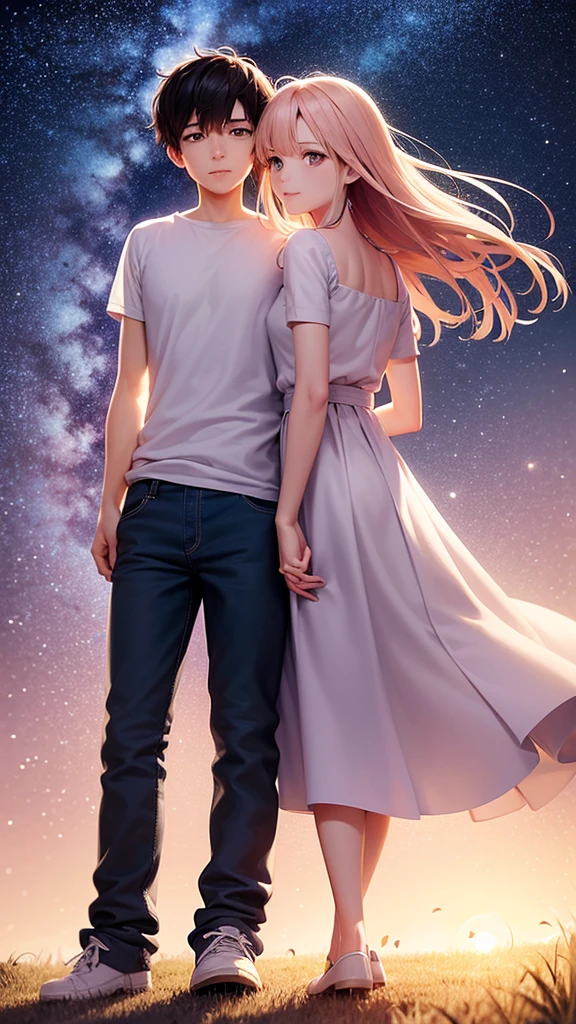 Create an illustration in the style of a cartoon. The scene symbolizes new hope and moving forward into the future. In the foreground are a young man and woman advancing hand in hand. They have determined expressions on their faces and are walking toward the future.
The young man has short black hair and wears a casual white shirt and blue jeans. The young woman next to him has long hair blowing in the wind and is wearing a pale pink dress. She is smiling and looking at him with hopeful eyes.
In the background is a beautiful sky at the moment of dawn. The sun is beginning to rise and the sky is tinged with shades of orange and pink. In the distance, we see a shining future with a rainbow as a symbol of hope.
On the horizon is a door to the future, and beyond the door is a shining new world. They are taking one step at a time toward that door, and their footprints continue on the path.
The stars are still shining in the sky, depicting the dream they vowed to each other under the stars. Around them, flowers are blooming and swaying in the wind. The overall mood should convey hope, determination, and progress toward the future. The illustration symbolizes the story of two people overcoming any challenges and moving forward into the future.