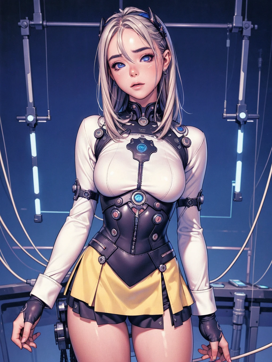 (La best qualityer,A high resolution,ultra - detailed,real),Sabrina Carpenter cyborg, ( yellow mini skirt :1.4), (((hair blue))), WHITE short top,,(Cyberpunk ruined dungeon ruins background :1.4 ), (mechanical vertebrae attached to the back, mechanical cervical fixation to the neck, wires and cables that connect to the head, evangelization, small bright LED lamps:1.4) , 8K more detailed.engine unreal:1.4,ultra HD,La best qualityer:1.4, photorrealistic:1.4, texture skin:1.4, Masterpiece artwork:1.8,Masterpiece artwork, best qualityer,object object], (detailed facial features:1.3),(The correct proportions),(gorgeous blue eyes),  (cowboy pose),( Sabrina Carpenter:1.4), (Sabrina Carpenter V2.1),( Perfect Anatomia:1.4) 