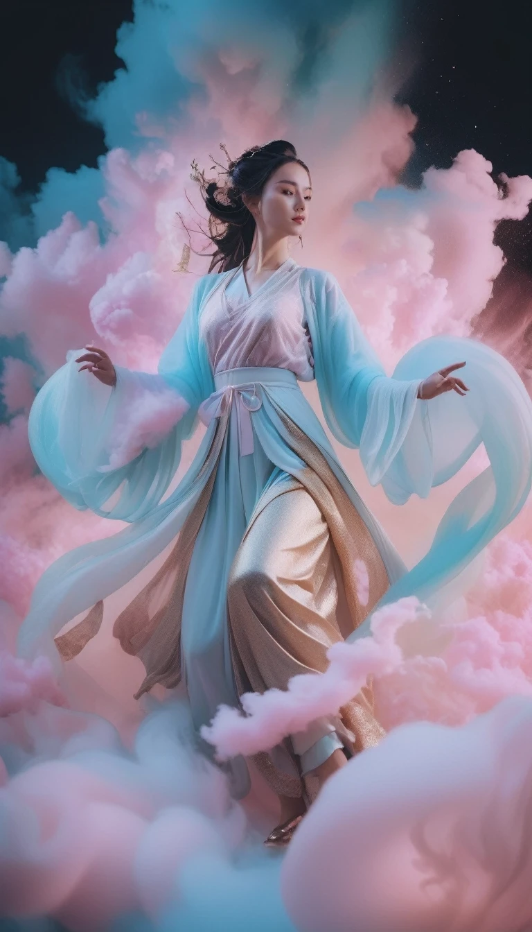cinematic photo A full body portrait of a levitating beautiful girl surrounded by a whirlwind of cyan and pink light clouds,gold and white dress,volumetric lighting . 35mm photograph, film, bokeh, professional, 4k, highly detailed