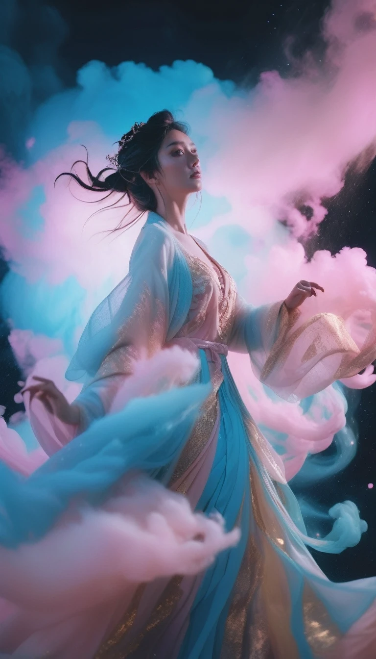 cinematic photo A full body portrait of a levitating beautiful girl surrounded by a whirlwind of cyan and pink light clouds,gold and white dress,volumetric lighting . 35mm photograph, film, bokeh, professional, 4k, highly detailed