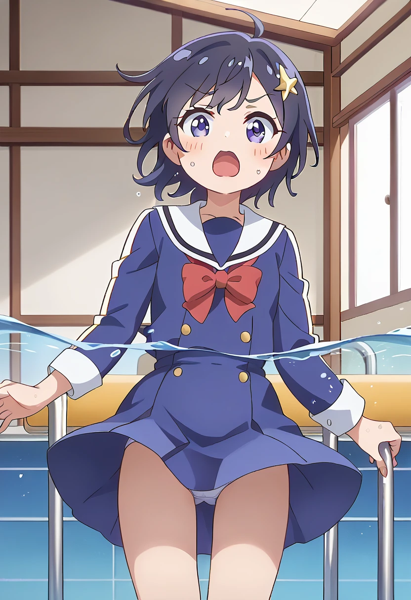 score_9, score_8_up, score_7_up, source_アニメ, masterpiece, 1girl, work, blue dress, white sailor collar, red bowtie, white long sleeves, cowboy shot, looking at viewer, indoors, open mouth, Water Play, Primary school students、Skirt fully open、Long wide skirt、cute、White underwear、blush、Watery eye、Lots of water、Wet、((Wind power increase))、The skirt floats on the water、(drowning water)、(Underwater Shot Of The Swimming pool)