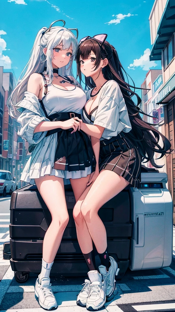 masterpiece　　Unreal Engine　Anime Style　Delicate painting　4K　90's　giant　((Girls kissing each other))　crowd　 　　Residential Street　apartment　Apartment　　高層apartment街の谷間に立っている巨大な女の子　skirt　Big Breasts　White T-shirt　Summer clothes　Short sleeve　Private Server　sneakers　White socks　watch　Black Hair　　smile　blue sky　cumulonimbus　Contrail　female giant giant girl Whole body 　 Destroyed skyscrapers Destroyed cars Crowd Unreal Engine,cleavage ,a drawing of a , earrings, long hair, 1980s (style) Cute picture　Beauty　Analog style　whole body　sneakers　