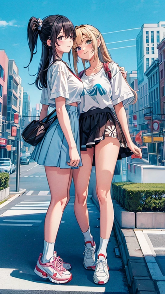 masterpiece Unreal Engine Anime Style Delicate painting 4K 90's giant ((Girls kissing each other)) crowd Residential Street apartment Apartment 高層apartment街の谷間に立っている巨大な女の子 skirt Big Breasts White T-shirt Summer clothes Short sleeve Private Server sneakers White socks watch Black Hair smile blue sky cumulonimbus Contrail female giant giant girl Whole body Destroyed skyscrapers Destroyed cars Crowd Unreal Engine,cleavage ,a drawing of a , earrings, long hair, 1980s (style) Cute picture Beauty Analog style whole body sneakers