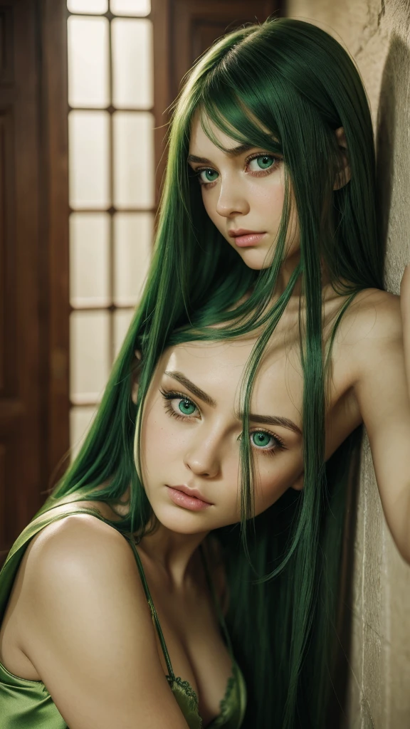 a girl. face sent feeling. Europe. Oval face. long face. delicate facial features. sad eyes. seductively seductive. green eyes. long straight hair. green hair. Sad and disappointed expression. green silk nightgown. straight face
