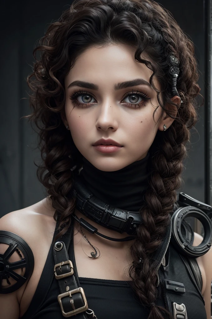 white woman with brown eyes arched eyebrow, black  curlyhair,mascara cyber punk,post apocalyptic clothing 