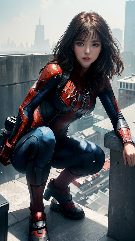 full body, (1girl:1.3), Solo, (((Very detailed face)))), ((Very detailed eyes and face)))), Beautiful detail eyes, Body parts__, Official art, Unified 8k wallpaper, Super detailed, beautiful and beautiful, beautiful, masterpiece, best quality, original, masterpiece, super fine photo, best quality, super high resolution, realistic realism, sunlight, half body, amazing beauty, allured chest, dynamic (squatted sitting) pose, delicate face, vibrant eyes, (from the below), She wears Spider-Man suit, red and black color scheme, spider, very detailed city roof background, rooftop, overlooking the city, detailed face, detailed complex busy background, messy, gorgeous, milky white, highly detailed skin, realistic skin details, visible pores, clear focus, volumetric fog, 8k uhd, DSLR, high quality, film grain, fair skin, photo realism, lomography, futuristic dystopian megalopolis, translucent