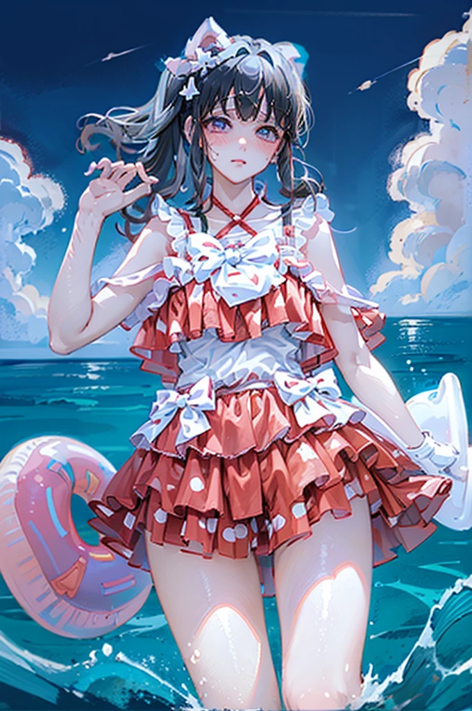 Random Swimsuit、Swimsuit,,Blushing、Black Hair、Side Ponytail、Pale purple eyes、Head to toe full body、Blushing、Embarrassed look、Composition from the front、A view from slightly below、school swimwear、Acme Face、Random pose、, 、nsfw、Highest quality、1 girl、solo、Ocean、Sandy Beach、Sexy pose、Random pose、Blushing、wet、Embarrassed、I can see half of my 、、One piece swimsuit、(Strap slip:1.3)、Swimsuits in random colors、 Swimsuit