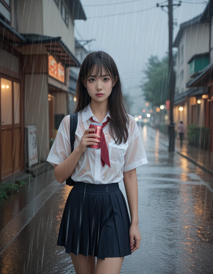 score_9, score_8_up, score_7_up,high quality,1 japanese girl,  in the rain, skirt , （The uniform is transparent and the underwear can be seen..：1.2）、Photorealistic realistic backgrounds