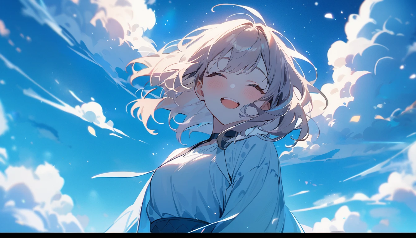 masterpiece, Highest quality, Movie stills, 1 Girl, Cloud Girl,Two Girls , Floating in the sky, close, bright, Happy, Warm and soft lighting, blue sky, (spark:0.7)