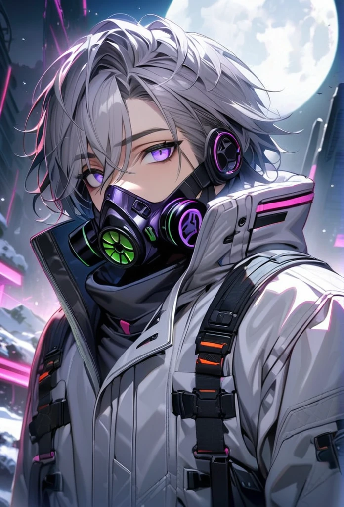 absurdres, highres, ultra detailed, HDR, master piece, best quality, extremely detailed face and eyes, gray hair with short bangs, handsome,hair between the eyes, expressive purple eyes, solo, sexy man, handsome, 25
years old,white coat, black pants, moon, Cyber Punk,gas mask,background snow mountain