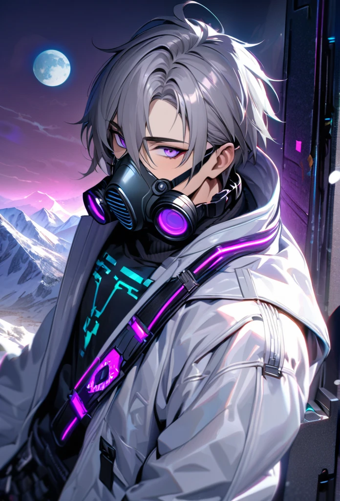 absurdres, highres, ultra detailed, HDR, master piece, best quality, extremely detailed face and eyes, gray hair with short  bangs, handsome,hair between the eyes, expressive purple eyes, solo, sexy man, handsome, 25
years old,white coat, black pants, moon, Cyber Punk,gas mask,background snow mountain