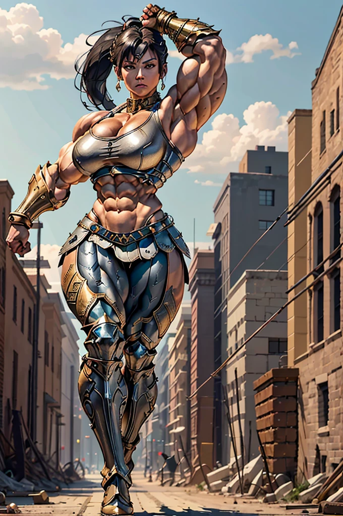 (Best lighting) , (Very intricate details) , 4K Integration, (Super fine CG: 1.2) , (8K: 1.2),(original), (masterpiece) , (Highest quality),(masterpiece:1.4),((Full  images))、Photo quality,(masterpiece),masterpiece, Highest quality, Absurd,((Masterpiece, 4K, 8K, High resolution)),(masterpiece), (Highest quality), (Super detailed), (Very delicate and beautiful), ((Full body image 1:1.5)), 1 female,　((solo woman image)), The face of a 40-year-old Western woman、A beautiful, well-balanced face、 ((A woman with a muscular body like a male bodybuilder)),((Huge muscular physique))、((A giant woman, 18 metres tall))、Giants Women、((Beautiful woman)),((Woman warrior)),45 year old mature woman, Wearing Valkyrie Metal Armor、((Metal armor that resembles a thick chest and abdominal muscles))、((Metal armor covering the upper body))、mini skirt、Valkyrie's Helmet、Very strong legs、((Long boots with pin heels))、((kneehigh boots))、Wields a large spear as long as his height、A spear weighing 150 kg、Medieval streetscape,Strength and elegance,Solemn atmosphere,((The Queen's Appearance))、((The Strongest Queen of Mankind))、(Huge muscular physique),((Protruding veins))、((A woman with a toned chest like a male bodybuilder))、Raised trapezius muscle、very thick neck、((Strong arms with bulging biceps))、A muscular chest、Six-pack、((Thick thighs with bulging muscles))、Exposed thighs、((Bicep-like calf muscles))、Overflowing with incredible strength、Muscles bulging out from under the force of force all over the body、Black Hair、ponytail、A commanding presence,Poses that show off their monstrous power,Model standing、Standing with dignity、Vibrant colors,Down to the smallest thread,Impressive level textures,Sharp focus,((A strong Valkyrie captain)),((A powerful Valkyrie captain)), 