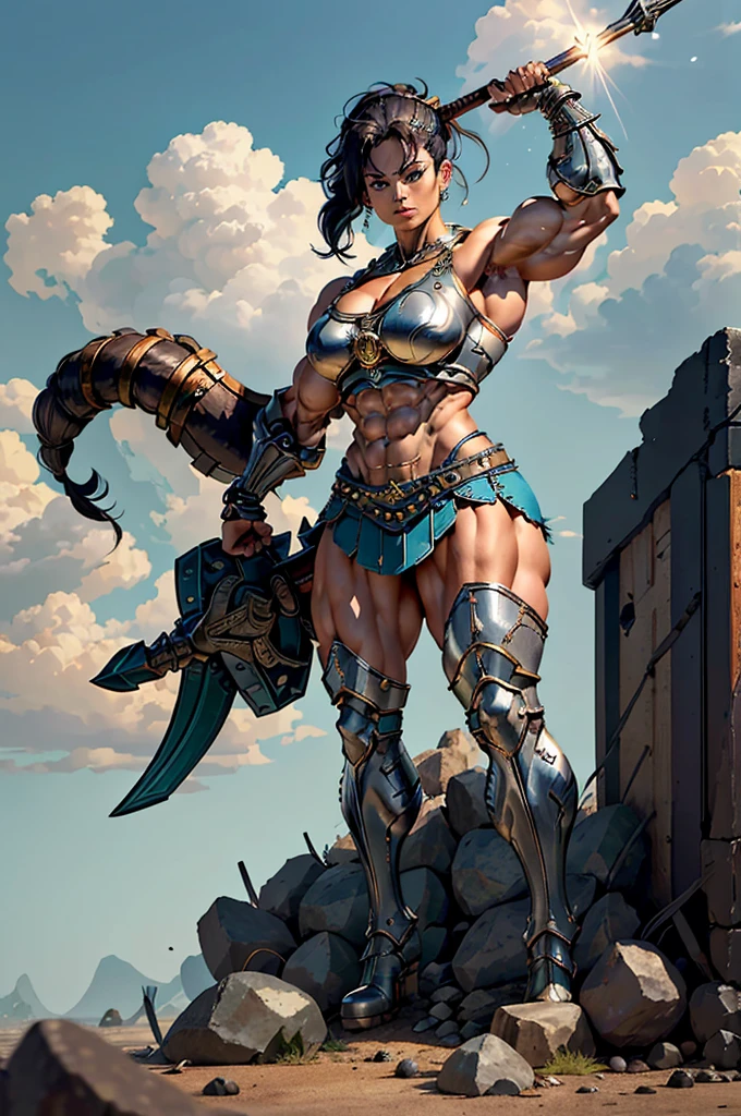 (Best lighting) , (Very intricate details) , 4K Integration, (Super fine CG: 1.2) , (8K: 1.2),(original), (masterpiece) , (Highest quality),(masterpiece:1.4),((Full images))、Photo quality,(masterpiece),masterpiece, Highest quality, Absurd,((Masterpiece, 4K, 8K, High resolution)),(masterpiece), (Highest quality), (Super detailed), (Very delicate and beautiful), ((Full body image 1:1.5)), 1 female, ((solo woman image)), The face of a 40-year-old Western woman、A beautiful, well-balanced face、 ((A woman with a muscular body like a male bodybuilder)),((Huge muscular physique))、((A giant woman, 18 metres tall))、Giants Women、((Beautiful woman)),((Woman warrior)),45 year old mature woman, Wearing Valkyrie Metal Armor、((Metal armor that resembles a thick chest and abdominal muscles))、((Metal armor covering the upper body))、mini skirt、Valkyrie's Helmet、Very strong legs、((Long boots with pin heels))、((kneehigh boots))、Wields a large spear as long as his height、A spear weighing 150 kg、Medieval streetscape,Strength and elegance,Solemn atmosphere,((The Queen's Appearance))、((The Strongest Queen of Mankind))、(Huge muscular physique),((Protruding veins))、((A woman with a toned chest like a male bodybuilder))、Raised trapezius muscle、very thick neck、((Strong arms with bulging biceps))、A muscular chest、Six-pack、((Thick thighs with bulging muscles))、Exposed thighs、((Bicep-like calf muscles))、Overflowing with incredible strength、Muscles bulging out from under the force of force all over the body、Black Hair、ponytail、A commanding presence,Poses that show off their monstrous power,Model standing、Standing with dignity、Vibrant colors,Down to the smallest thread,Impressive level textures,Sharp focus,((A strong Valkyrie captain)),((A powerful Valkyrie captain)),