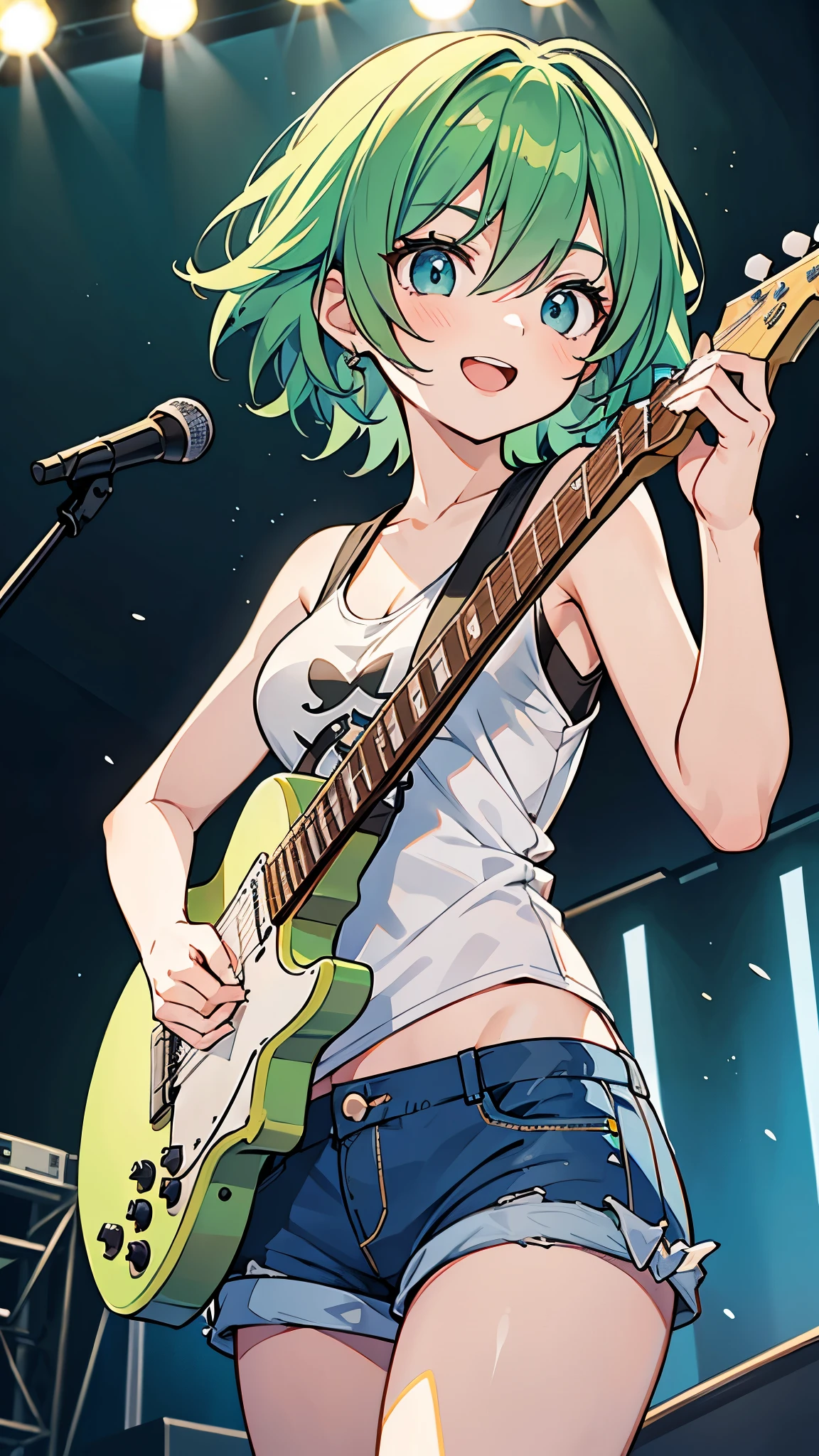 ((A Pretty girl with green hair and blue eyes holding a Electric guitar)), ((wearing a tank top and a tattered short pants)), , ((top-quality, master piece, ultra-definition, high resolution)), anime girl, ((ultra-detailed illust:1.2)), only one person, bangs, hair between eye, beautiful hair, Beautiful eyes, medium breasts, Big smile, opened mouth, on the stage