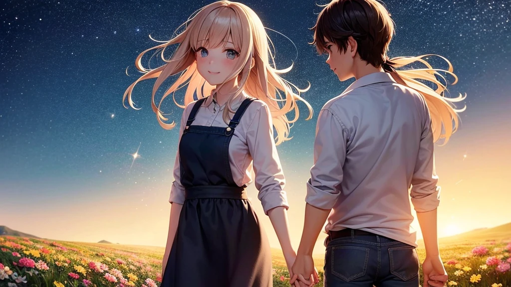 Create an illustration in the style of a cartoon. The scene symbolizes new hope and moving forward into the future. In the foreground are a young man and woman advancing hand in hand. They have determined expressions on their faces and are walking toward the future.
The young man has short black hair and wears a casual white shirt and blue jeans. The young woman next to him has long hair blowing in the wind and is wearing a pale pink dress. She is smiling and looking at him with hopeful eyes.
In the background is a beautiful sky at the moment of dawn. The sun is beginning to rise and the sky is tinged with shades of orange and pink. In the distance, we see a shining future with a rainbow as a symbol of hope.
On the horizon is a door to the future, and beyond the door is a shining new world. They are taking one step at a time toward that door, and their footprints continue on the path.
The stars are still shining in the sky, depicting the dream they vowed to each other under the stars. Around them, flowers are blooming and swaying in the wind. The overall mood should convey hope, determination, and progress toward the future. The illustration symbolizes the story of two people overcoming any challenges and moving forward into the future.