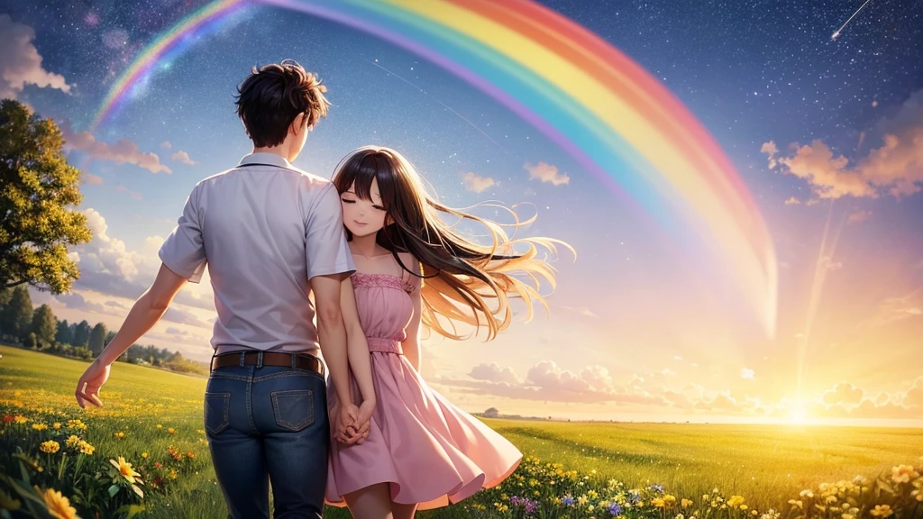 Create an illustration in the style of a cartoon. The scene symbolizes new hope and moving forward into the future. In the foreground are a young man and woman advancing hand in hand. They have determined expressions on their faces and are walking toward the future.
The young man has short black hair and wears a casual white shirt and blue jeans. The young woman next to him has long hair blowing in the wind and is wearing a pale pink dress. She is smiling and looking at him with hopeful eyes.
In the background is a beautiful sky at the moment of dawn. The sun is beginning to rise and the sky is tinged with shades of orange and pink. In the distance, we see a shining future with a rainbow as a symbol of hope.
On the horizon is a door to the future, and beyond the door is a shining new world. They are taking one step at a time toward that door, and their footprints continue on the path.
The stars are still shining in the sky, depicting the dream they vowed to each other under the stars. Around them, flowers are blooming and swaying in the wind. The overall mood should convey hope, determination, and progress toward the future. The illustration symbolizes the story of two people overcoming any challenges and moving forward into the future.