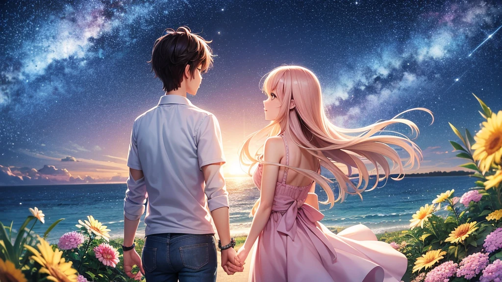 Create an illustration in the style of a cartoon. The scene symbolizes new hope and moving forward into the future. In the foreground are a young man and woman advancing hand in hand. They have determined expressions on their faces and are walking toward the future.

The young man has short black hair and wears a casual white shirt and blue jeans. The young woman next to him has long hair blowing in the wind and is wearing a pale pink dress. She is smiling and looking at him with hopeful eyes.

In the background is a beautiful sky at the moment of dawn. The sun is beginning to rise and the sky is tinged with shades of orange and pink. In the distance, we see a shining future with a rainbow as a symbol of hope.

On the horizon is a door to the future, and beyond the door is a shining new world. They are taking one step at a time toward that door, and their footprints continue on the path.

The stars are still shining in the sky, depicting the dream they vowed to each other under the stars. Around them, flowers are blooming and swaying in the wind. The overall mood should convey hope, determination, and progress toward the future. The illustration symbolizes the story of two people overcoming any challenges and moving forward into the future.