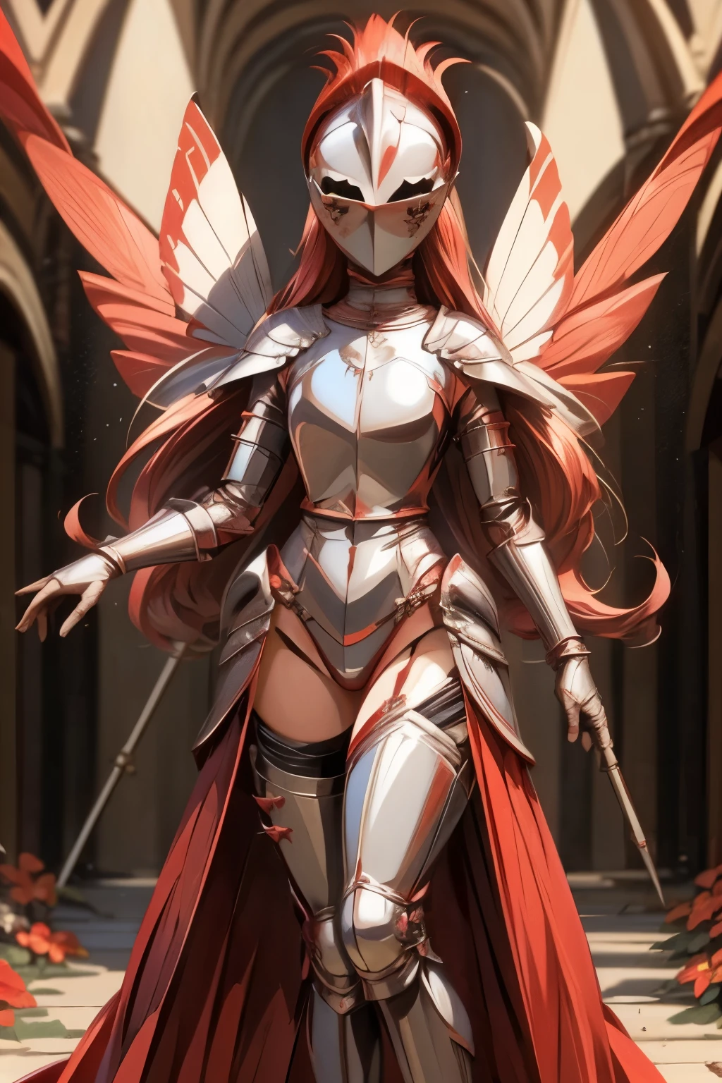 masterpiece, best quality, butterfly wings, red hair, full body, standing tall, kardiaofrhodes, helmet, plume, gauntlets, thighhighs, breastplate, nude, wide hips, (flowers background:1.2)