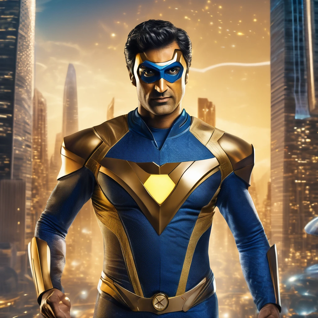 (Masterpiece, 8K, UHD, high resolution: 1.4), heroic portrait of Kumail Nanjiani as Booster Gold from DC Comics, (iconic gold and blue Booster Gold suit: 1.3), (confident and charismatic expression: 1.2), (well-groomed hair and piercing brown eyes: 1.2), (flying over a futuristic city: 1.3), (background with illuminated skyscrapers and starry night sky: 1.1), (technological and holographic elements: 1.2), (communication bracelet and flight device: 1.3), (vibrant and inspiring atmosphere: 1.3), realistic and intricate details, (elements of fantasy and action: 1.2), (dynamic and powerful perspective: 1.3)