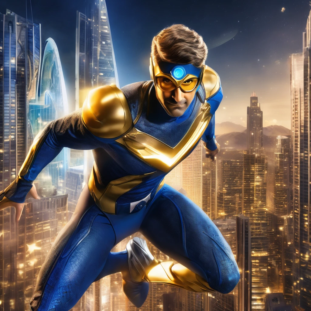 (Masterpiece, 8K, UHD, high resolution: 1.4), heroic portrait of Kumail Nanjiani as Booster Gold from DC Comics, (iconic gold and blue Booster Gold suit: 1.3), (confident and charismatic expression: 1.2), (well-groomed hair and piercing brown eyes: 1.2), (flying over a futuristic city: 1.3), (background with illuminated skyscrapers and starry night sky: 1.1), (technological and holographic elements: 1.2), (communication bracelet and flight device: 1.3), (vibrant and inspiring atmosphere: 1.3), realistic and intricate details, (elements of fantasy and action: 1.2), (dynamic and powerful perspective: 1.3) 