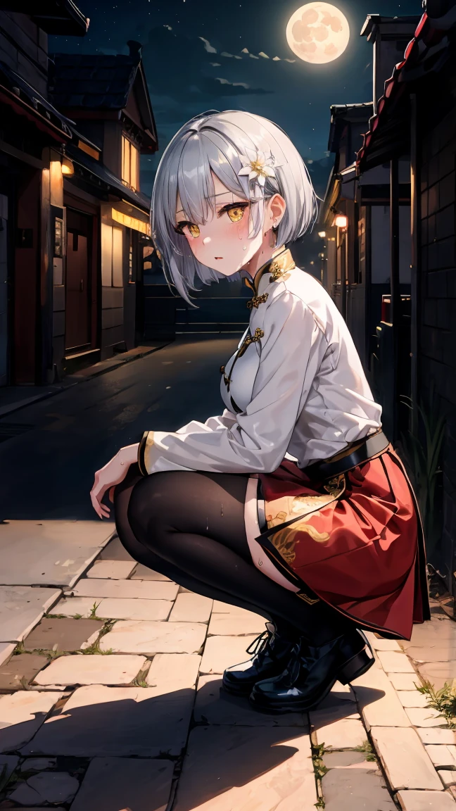 Young girl 10 years old, short silver bob hair, hair flower, sharp bangs between the eyes, yellow  eyes, eyes large, provocative look, obscene expression, notable physical features, traditional chinese imperial clothes black with gold details, red skirt, black thigh high socks. medium breasts. Half side view, crouched in the street, lumbar angle, full body point of view, but up close. japanese city, outdoor city, city at night, with full moon in the background, light reflecting on the sexy and sweaty body. (((sweat))) (work of art:1.2,) (best qualityer.)