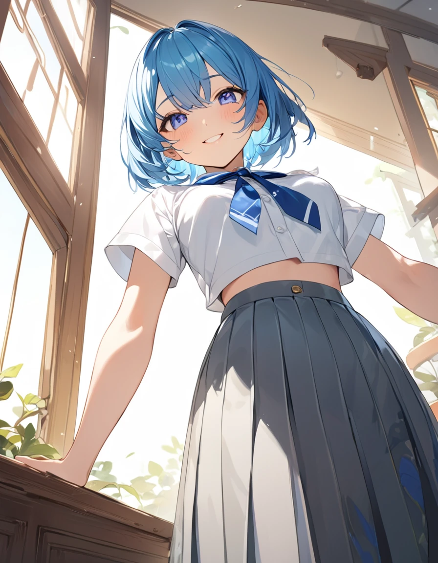 (Highest qualityのイラスト:1.2), (pretty girl:1.1), (1 girl、17 years old、Highest qualityのイラスト:1.2), (1 girl、smile、slightly bigger eyes)、Bright blue hair、Short Bob Hair、(Highest quality、Very detailed、Very detailed and beautiful、Ultra-high resolution) 、,{White shirt、Blue ribbon tie、Grey pleated skirt}, from below