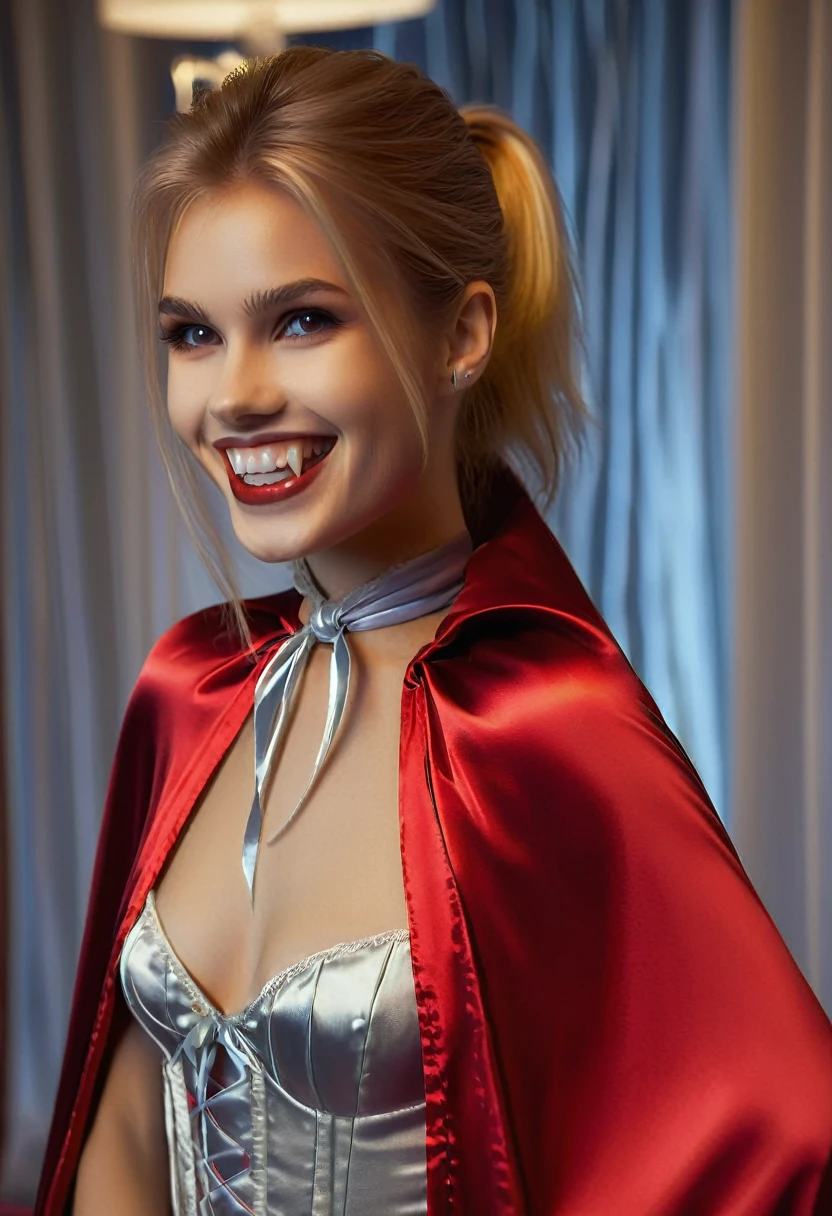 Vampyfangs1,(RAW photo) , 1girl, cute, 20 years old, long blonde hair in ponytail, smiling, look at viewer, ((((silver and red lined satin cape tied at the neck)))+++, naked , bedroom, photo, realistic, best quality, hires, detailed face, detailed background, diffused lighting, depth of field, bokeh