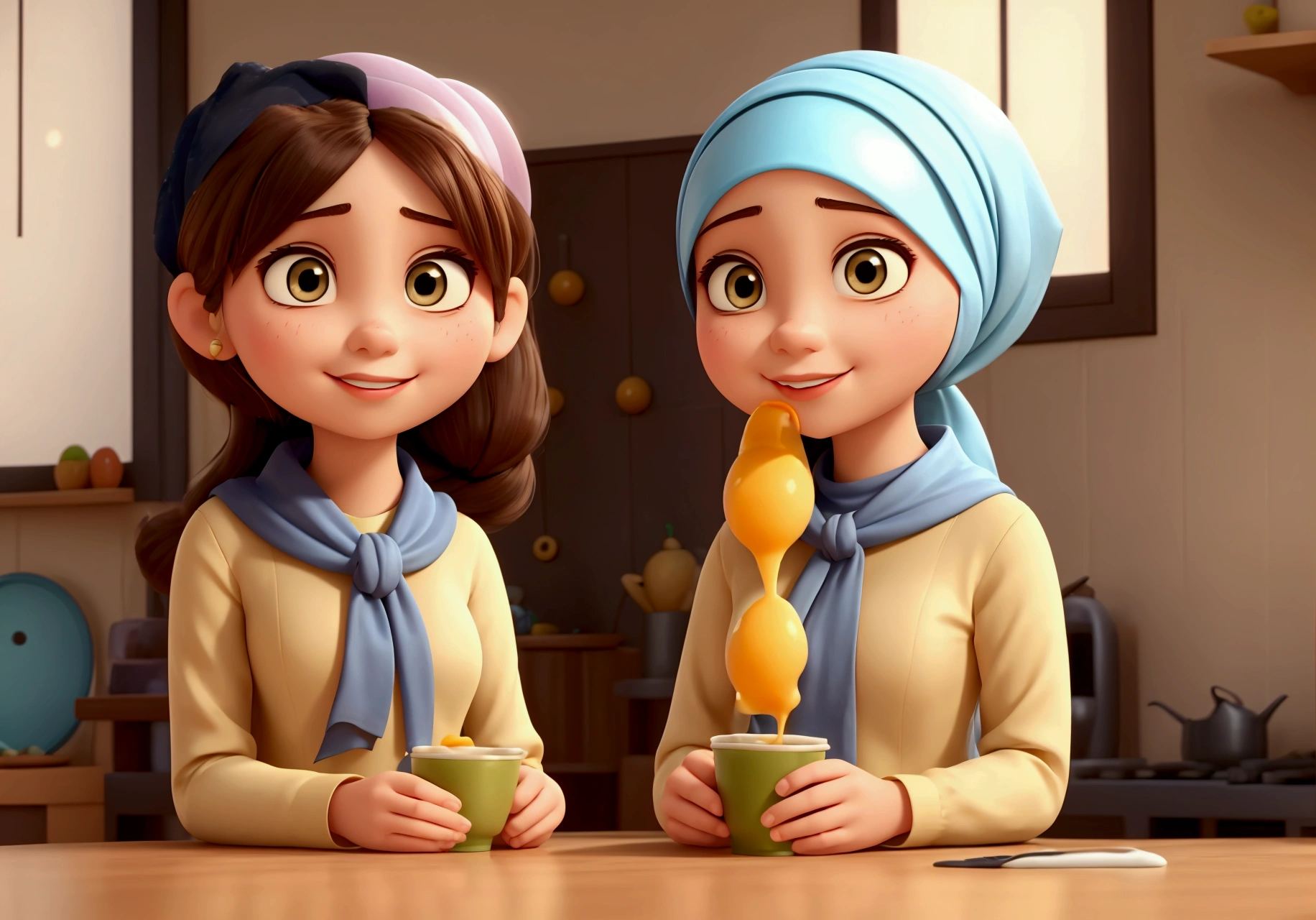 All the decor is modern and beautiful. A beautiful girl with a modern Islamic hijab tied to her neck. A character alone in the kitchen with no one else with her. A cartoon in the Disney Pixar style. She eats a cup of milk tea and two fried eggs in the morning.