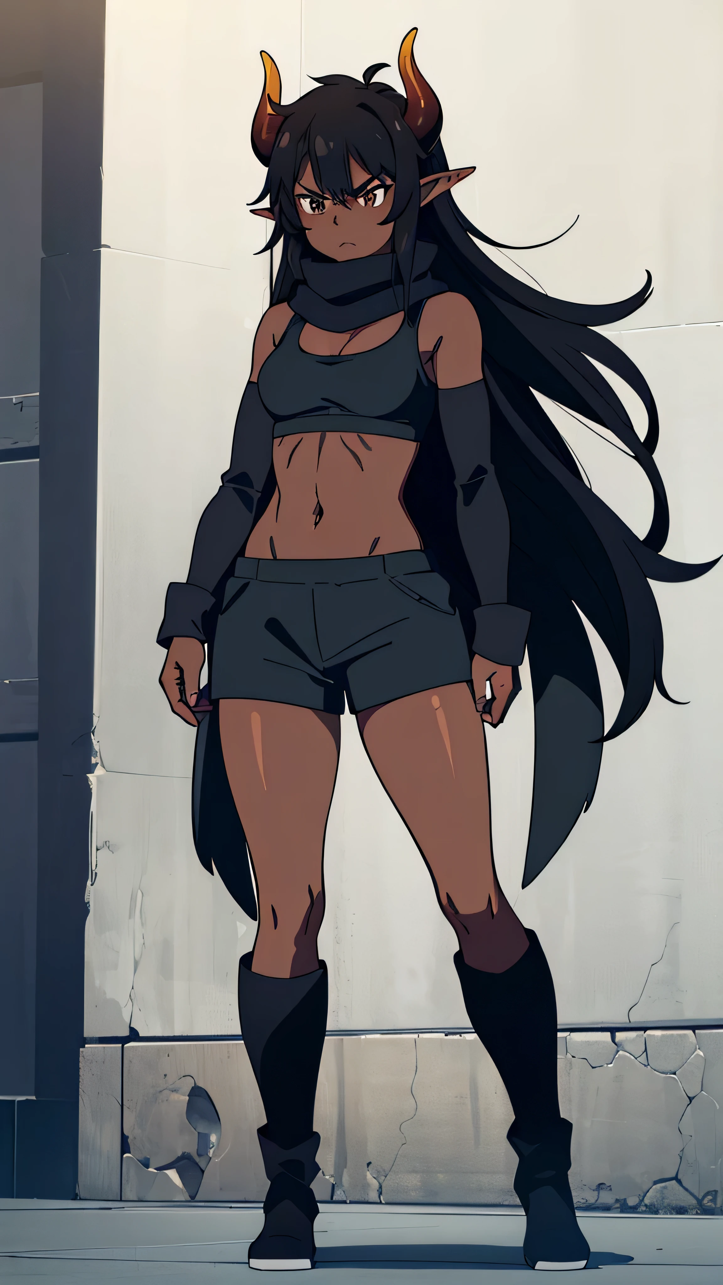 (((1girl ,25s,adult,mature female,solo))),long hair, black hair,horns,elf ears,((black scarf)),cleavage,(((dark skin))),(black sports bra,black sports shorts, midriff),leather boots,long sleeves,(angry),standing,battle pose,full body