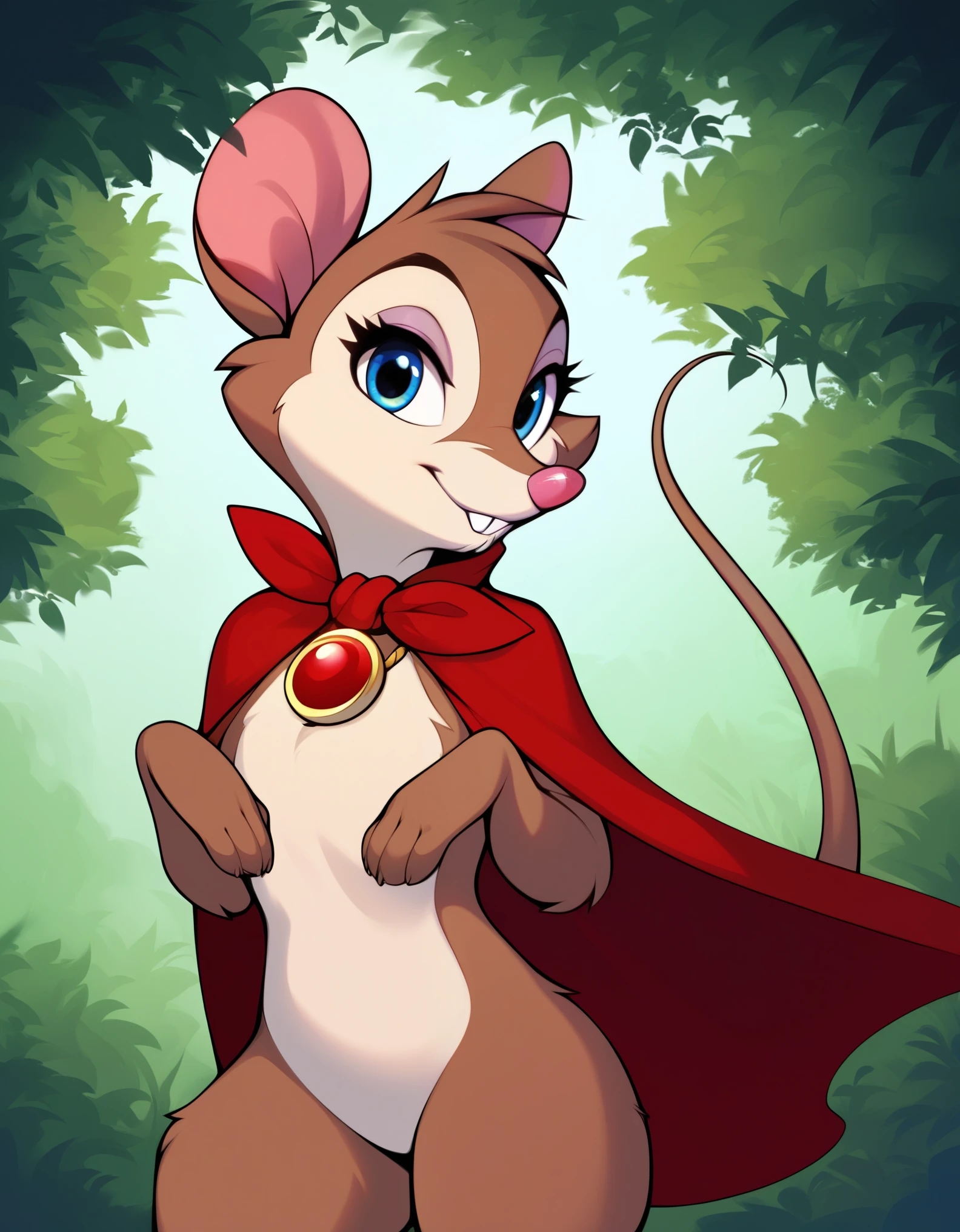 score_9, score_8_up, score_7_up, source_furry, source_safe, best quality, forest, BREAK, 1girl, mrsbrisby_tsonimh, mouse girl, semi-anthro, furry, brown fur, wearing red cape, wearing red pendant, mostly nude, standing, closed mouth, looking at viewer, smile, buck teeth, featureless crotch, featureless chest