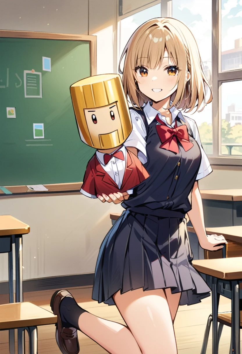 Petrochemical, picture,One girl,Golden Bob Hair,Brown eyes,Highest quality,puppet,A kind smile,Medium chest,high school girl,uniform,Dress shirt,tie,skirt,Black socks,loafers,classroom,